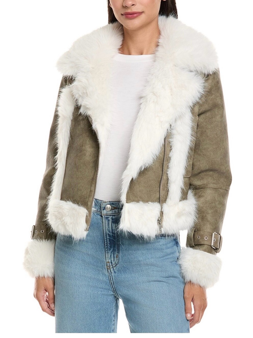 Faux Shearling Trim Olive Leather Jacket - Women's Coat